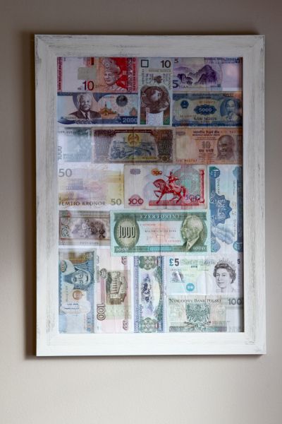 Travel Decor Ideas, Money Frame, Foreign Money, Travel Inspired Decor, Money Jar, Travel Room, Money Poster, Money Art, In The Airport