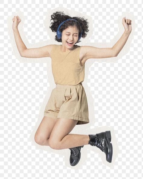 Person Wearing Headphones, Person Jumping, Woman Jumping, Paper Effect, Photo Elements, Wearing Headphone, Music Happy, Cut Paper, Happy Women