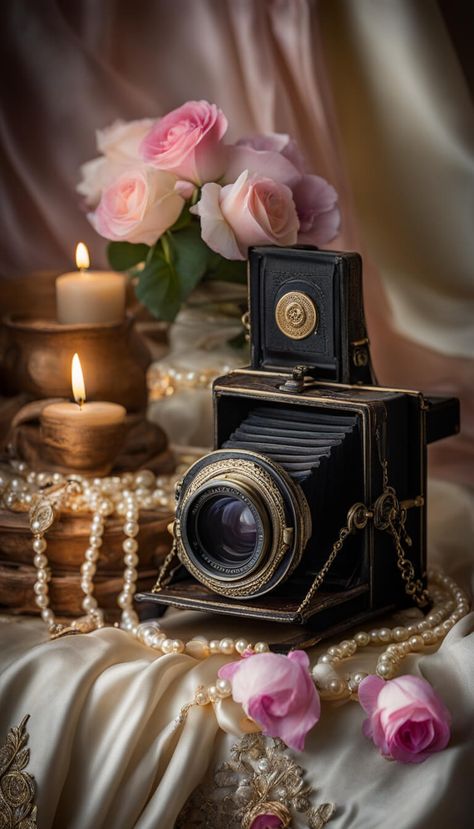 Old camara from the 19th century in a elegant vintage decoration - AI creation Vintage Astethic, Vintage Camera Aesthetic, Goals 2025, Alice In Wonderland Teapot, Memories Aesthetic, Vintage Still Life, Victoria Magazine, Black Birthday, Vintage Decoration