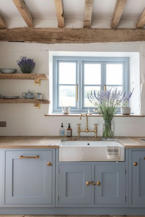 French Coastal Interior Design, French Blue Cabinets, Blue Kitchen White Cabinets, Baby Blue Kitchen Cabinets, French Kitchen Cabinets, French Coastal Style, Blue Cottage Kitchen, Cozy French Cottage, Baby Blue Kitchen