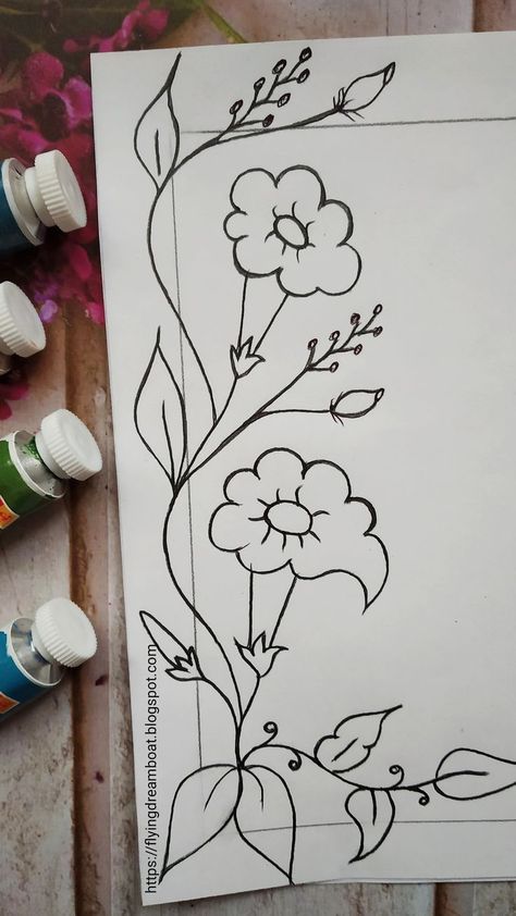 Floral Designs Drawing, Drawing Flowers Easy, Floral Design Drawing, Easy Flower Drawings, Dream Boat, Colorful Borders Design, Front Page Design, Paper Art Design, Bond Paper Design