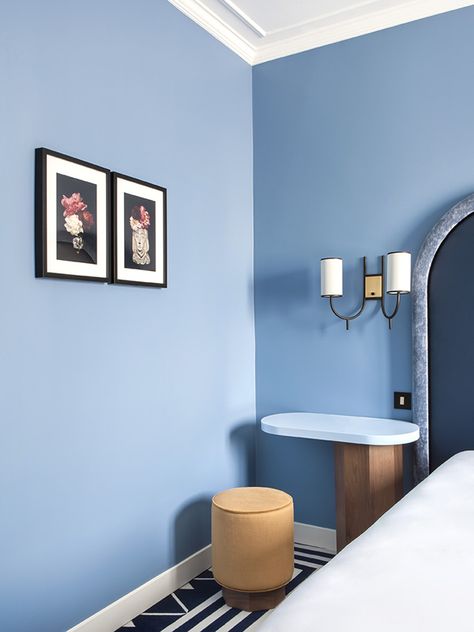 Eclectic Trends | Today's relevance of feeling 'at home': Hotel Bienvenue Paris - Eclectic Trends Ruangan Studio, Room Color Combination, Wall Color Combination, Blue Interior Design, Bedroom Color Combination, Pastel Interior, Room Wall Colors, Bedroom Wall Paint, Bedroom Wall Colors