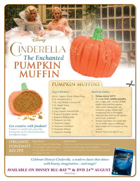 Disney cinderella printable. Enchanted pumpkin muffin recipe great for autumn, halloween time Disney Baking, Disney Inspired Recipes, Disney Themed Food, Disney Movie Night Dinner, Disney Inspired Food, Disney Dishes, Disney Desserts, Disney Dinner, Pumpkin Muffin Recipes