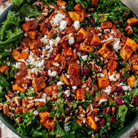 Kale Pecan Cranberry Salad, Kale Salad With Sweet Potato, Sweet Potato And Kale Salad, Sweet Potato Kale Salad, Potato Kale Salad, Kale Sweet Potato Salad, Warm Kale Salad, Kale Feta, Harvesting Kale