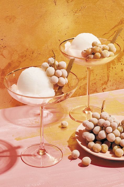 Two coupe glasses filled with white sorbet and garnished with frozen grapes. Fettucine Alfredo Recipe, Champagne Sorbet, Tempura Recipe, Fried Chicken Cutlets, Sorbet Recipe, Moist Chicken, Frozen Grapes, Palate Cleanser, Cutlets Recipes