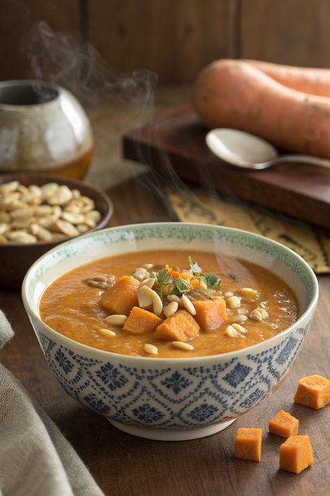 10-Minute Prep for Sweet Potato Peanut Soup Collard Green Soup, Peanut Butter Soup, Harira Soup, Butternut Squash Sage, Apple Soup, Peanut Soup, Chickpea Soup, Creamy Potato, Sweet Potato Soup