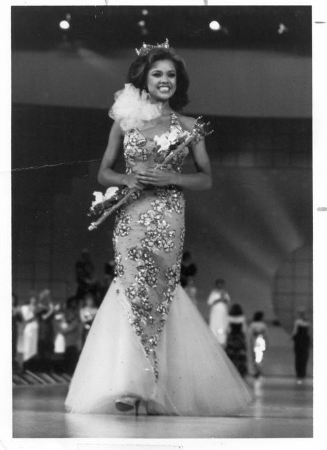 1984- Cosmopolitan.com  Miss America, Vanessa L. Williams White And Silver Dress, Pageant Tips, Pageant Evening Gowns, Lace Bell Sleeve Dress, Strapless Evening Gowns, Two Piece Gown, Vanessa Williams, Black Celebrities, Miss America