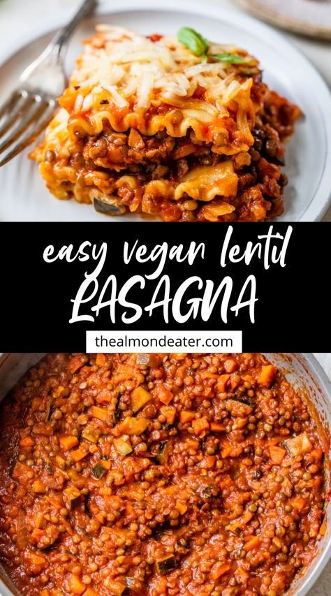 Easy vegan Lentil Lasagna uses french lentils instead of meat, making it a hearty plant-based option. In addition, it's filled with veggies, tomato sauce, a vegan "cheese" sauce and topped with dairy-free cheese, making it a go-to comfort food meal. Red Lentil Lasagne, Lentils And Pasta Recipe, Lentils With Pasta, Lentils And Vegetables, Family Friendly Vegan Meals, Lentil Lasagne Recipe, Lentil Fajitas, Vegan Recipes With Beans, Light Vegan Meals