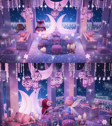 Judy’s House Acnh, Animal Crossing Sailor Moon Island, Animal Crossing Celestial, Acnh Spacecore, Acnh Design Ideas, Acnh Interior, Fairy Island, Acnh House, Pink Island