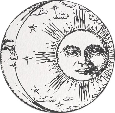 Moon Drawings Simple, Celestial Sun And Moon, Vintage Sun And Moon, Sun And Moon Yin Yang, Sun And Moon Illustration, Sun And Moon Face, Sun With Face, Moon Inside Sun Tattoo, Medieval Sun And Moon Tattoo