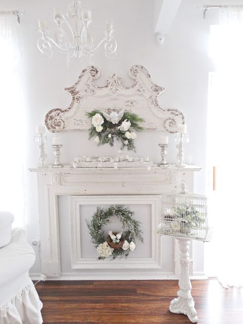 Shabby Chic Mantle, Chic Fireplace, Shabby Chic Fireplace, Found Cottage, The Found Cottage, Junk Chic Cottage, Shabby Chic Wreath, French Rustic, Old Fireplace