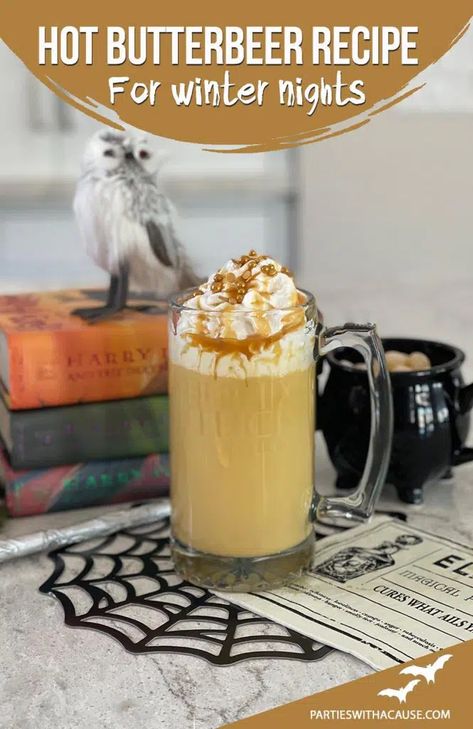 This easy hot butterbeer recipe is nonalcoholic and delicious for a Harry Potter party or chilly night! If you are looking for more Hogwarts Food and Harry Potter food ideas check out PartiesWithACause.com #hotbutterbeer #easybutterbeerrecipe #harrypotter Butterbeer Recipe Nonalcoholic, Butterbeer Recipe Alcoholic, Hogwarts Night, Hogwarts Food, Hot Butterbeer Recipe, Easy Butterbeer Recipe, Harry Potter Food Ideas, Butter Beer Recipe Harry Potter, Hot Butterbeer