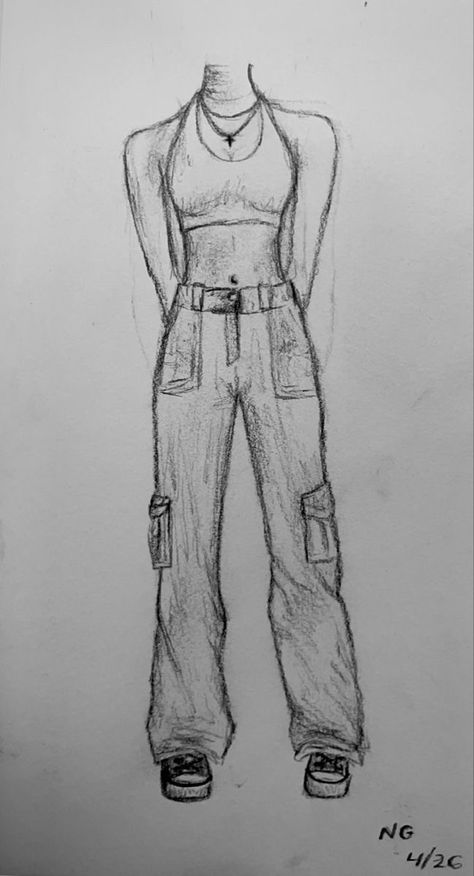 How To Draw Baggy Pants Sketch, Tomboy Drawing Easy, Grunge Outfit Drawing Sketches, Chlotes Drawings, Drawing Ideas Body Sketch Clothes, How To Draw Pants Female, Easy Fashion Sketches, Baggy Clothes Drawing, Cargo Pants Drawing