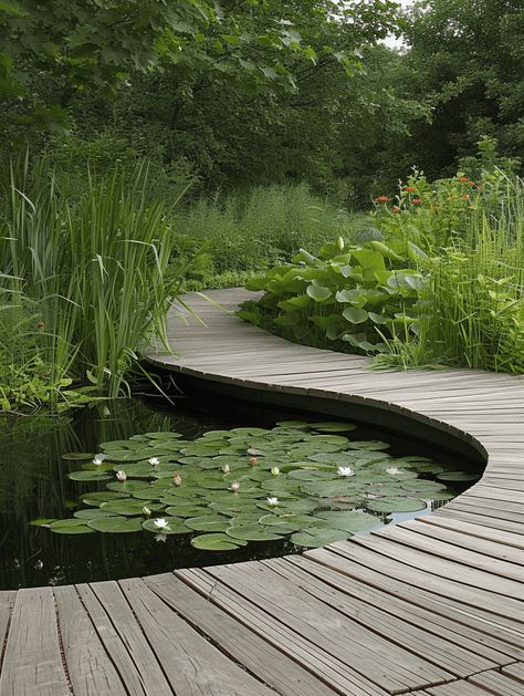 Deck Garden Ideas: Serene Boardwalk and Tranquil Pond Zen Landscape Ideas, Lily Pad Garden, Deck With Water Feature, Parking Garden Design, Koi Ponds Ideas, Pond With Deck, Natural Pond Landscaping, Pond With Island, Deck Garden Ideas