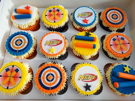 Nerf Cake Ideas, Nerf Cupcakes, Nerf Themed Birthday Party, Cupcake Cake Ideas, Nerf Cake, Kings Cake Cupcakes, Nerf Birthday Party, Perfect Chocolate Cake, Nerf Party