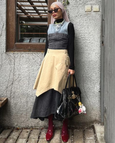 i would not get bored with denim on denim look 👀🤍 outfit deetz: blue denim top —— @callie.cotton grey denim dress —— @arthurapparel skirt —— thrifted shoes —— @berlynnshoes bag —— vintage @viviennewestwood . . . . . . . outfit rotation. outfit repeater. layering style. modest fashion. semi maximalist. multiway fashion. casual look. vintage clothing. secondhand fashion. outfit inspo. style inspiration. thrifting fashion. thrifted finds. denim on denim. Thrifted Shoes, Outfit Rotation, Outfit Repeater, Blue Denim Top, Denim On Denim Looks, Layering Style, Denim On Denim, Layered Fashion, Modest Clothing