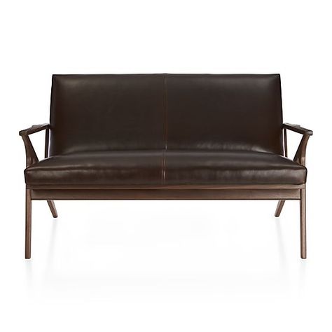 Cavett Loveseat Leather  | Crate and Barrel Wood Frame Loveseat, Leather Settee, Leather Sofa Chair, House Family, Modern Loveseat, Mid Century Modern Sofa, Up House, Living Room Collections, Leather Loveseat