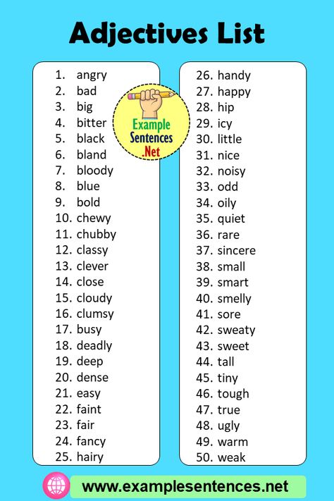 50 Adjectives Word List - Example Sentences Adjective Word List, Adjectives For Kids, Examples Of Adjectives, List Of Adjectives, Adjective Words, Name Writing Practice, Teach English To Kids, English Adjectives, English Grammar For Kids