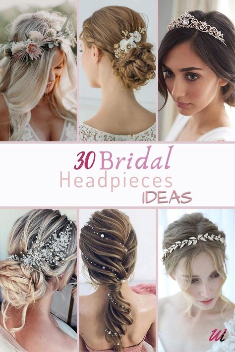 It’s all about bridal style! From head to toe. those small details, bridal accessories tie the bridal look all together. Check out my 30 bridal headpiece idea blog post and find your bridal look.  Amazing wedding hair accessories for every bride hairstyles from floral, crowns, crystal headband, half up half down, curly hair, down hairstyles, and updo, inspirations for wedding headpieces and hair jewelry that will fit perfectly to boho chic, vintage, modern and classic bridal dress. Best Wedding Hairstyles The Bride Half Up Half Down, No Veil Wedding Hair Headpieces, Hair Piece For Bride, Hair Accessories With Veil, Bridal Headpieces Hair Styling Tools, Wedding Hair Clips Bridal Headpieces, Updos With Hair Pieces Bridal Headpieces, Bride Head Pieces, Hairstyles With Accessories Headpieces