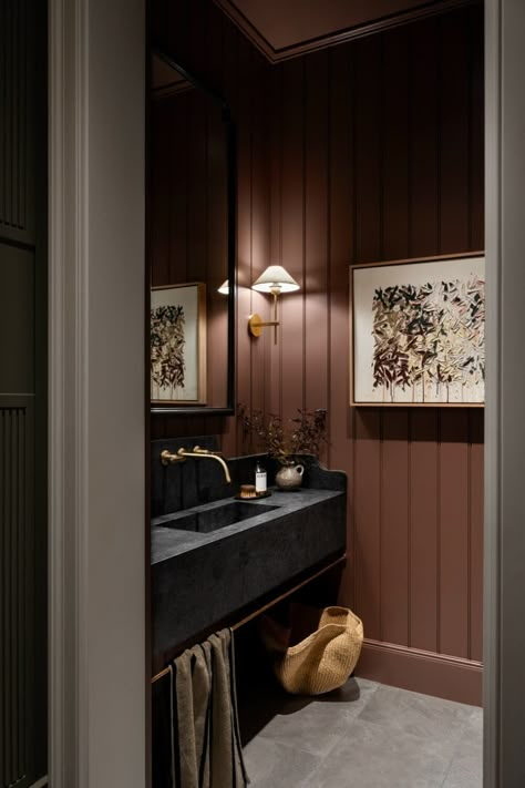 Our Work In AD! - Studio McGee Jake Arnold Powder Room, Moody Tiny Bathroom, Amber Interiors Powder Room, Mcgee And Co Powder Room, Painted Cabinet Bathroom, Moody Guest Bathroom Ideas, Mcgee Powder Room, Moody Cloakroom, Sarah Sherman Samuel Bathroom