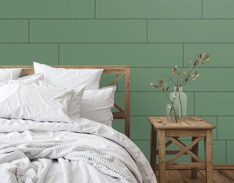 Peel-and-Stick Wood Panel Samples - Wallplanks Green Shiplap Wall Bedroom, Green Shiplap Wall, Shiplap Wall Bedroom, Green Shiplap, Nickel Gap Shiplap, Stick Wood Wall, Nickel Gap, Shiplap Trim, Peel And Stick Shiplap