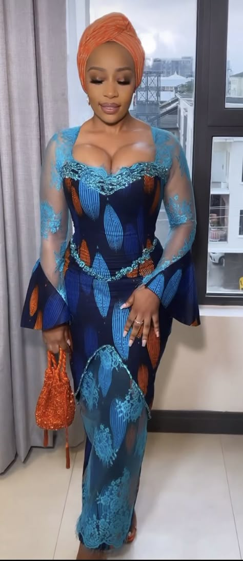 Dubai Attire For Women, Blue Ankara Dress Styles, Owanbe Styles For Ankara, Ankara Asoebi Styles, Owambe Styles, Ankara Asoebi, Ankara And Lace, Aso Ebi Lace Styles, African Wears