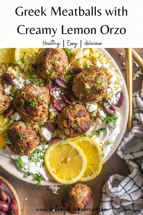 Greek Meatballs with Creamy Lemon Orzo Orzo With Turkey Meatballs, Lemon Orzo Meatball, Greek Meatballs And Orzo, Orzo Meatball Recipe, Greek Turkey Meatballs With Orzo, Turkey Meatballs With Orzo, Greek Chicken Meatballs With Lemon Orzo, Chicken Meatball Orzo, Greek Meatballs With Orzo