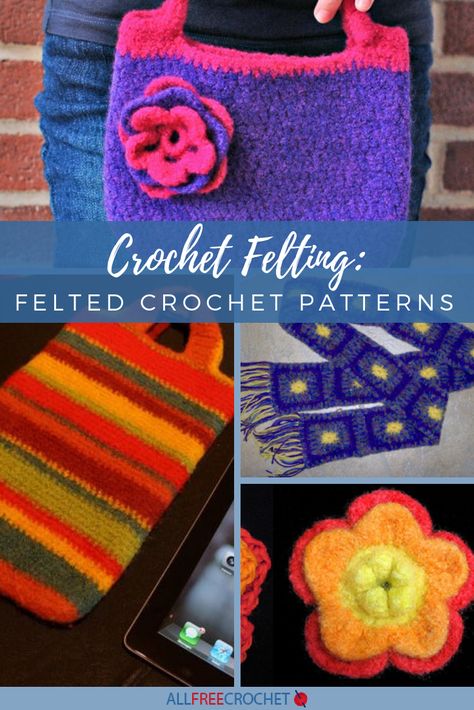 Crochet Felting: 20+ Felted Crochet Patterns | AllFreeCrochet.com Felted Crochet Patterns, Felted Crochet Bag, Crochet Felting, Stitch Purse, Patons Classic Wool, Felted Hats, Crochet Shell, Felted Crochet, Wool Felt Projects