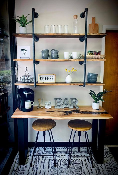 Coffee Bar With Stools, Coffee Bar With Seating, Wood Modern Table, Coffee Shelves, Shop Bar Ideas, Diy Coffee Bar Table, Shelf Coffee Bar, Live Edge Shelf, Coffee Bar Table