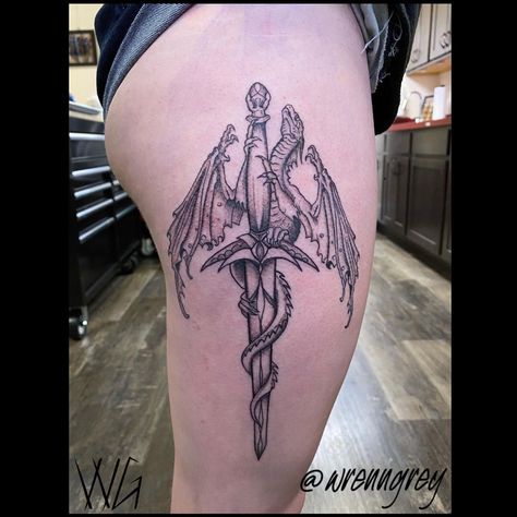 Dragon And Dagger Tattoo, Thigh Dagger Tattoo, Dagger Thigh Tattoo, Dragon Dagger Tattoo, Fantasy Mythology, Small Dragon Tattoos, Wrist Tattoo Ideas, Small Dragon, Tattoos Inspiration