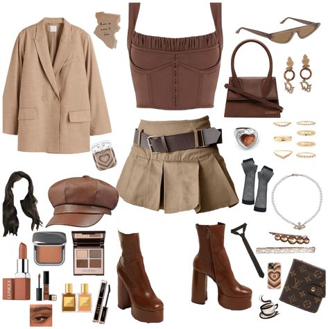 Black And Light Brown Outfit, Brown Outfit Layout, Shein Brown Outfits, Outfits With Brown Top, Brown Cute Outfits, Brown Style Outfit, Brown And Cream Outfit, Brown Summer Outfits, Y2k Brown Outfit