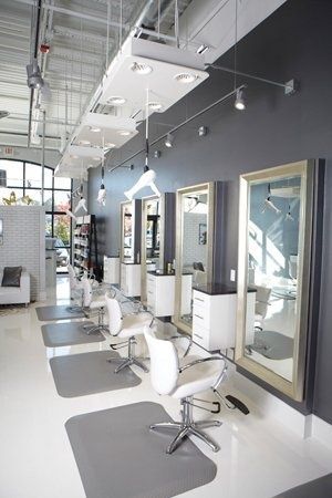 salon soft grey decor chrome - Google Search Salon Interior Design Ideas, Salon Designs, Nail Salon Interior Design, Salon Lighting, Beauty Salon Interior Design, Salon Design Ideas, Hair Salon Ideas, Home Hair Salons, Hair Salon Design