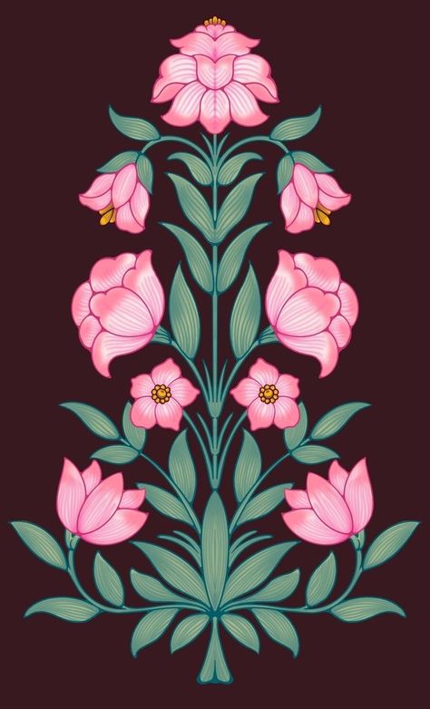 Flower Motifs Design Floral, Mughal Art Paintings Flowers, Indian Flower Drawing, Zarokha Paintings, Mughal Designs Pattern, Pichwai Motifs, Indian Floral Pattern, Flower Motif Design, Mughal Pattern