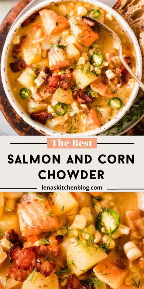 This is without a doubt ​​The Best Salmon and Corn Chowder recipe! So creamy and hearty, the layers of seafood flavors and light ingredients easily come together in one pot. Eat it right away for dinner or freeze it for later. Salmon Corn Chowder, Salmon And Corn, Salmon Chowder Recipe, Corn Cream, Salmon Chowder, Best Salmon, Finnish Recipes, Fish Chowder, Frozen Salmon