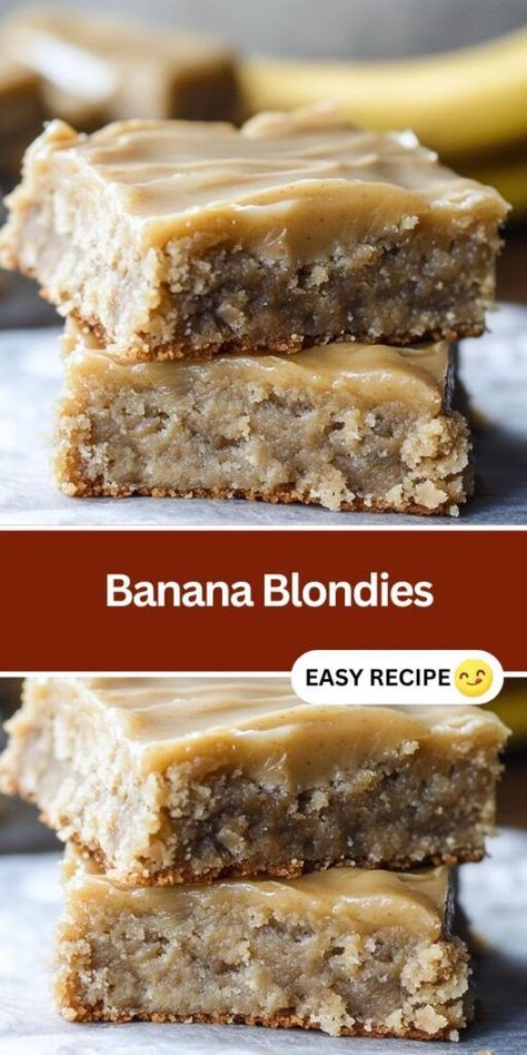 These soft and chewy Banana Blondies are a delicious twist on classic banana bread, perfect for dessert or a sweet snack. Topped with a rich caramel icing, they’re easy to make and packed with flavor. Try this simple recipe for a crowd-pleasing treat that’s sure to satisfy any sweet tooth. Ideal for banana lovers and those looking for a quick dessert recipe! Banana Bread Blondies, Sourdough Banana Bars, Banana Ripe Recipes, Banana Blondes, Recipes With 2 Ripe Bananas, Recipes With Bananas Easy, Banana Blondies Recipe, Recipes For Ripe Bananas, Banana Dessert Recipes Easy