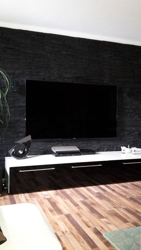 Black Brick Wall Living Room, Cladding Stone, Stone Walls Interior, Bedroom Tv Wall, Buddha Tattoos, Brick Decor, Living Room Decor Gray, Entertainment Wall, Accent Walls In Living Room