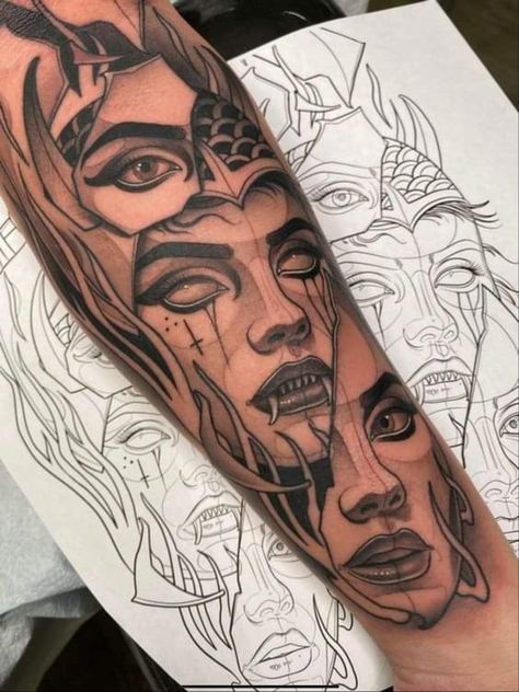 Tattoo With Women Face, Gian Karle Tattoo, Two Face Woman Tattoo, Evil Goddess Tattoo, Forearm Tattoo Of Woman Face, Two Faced Woman Tattoo, Tattoo Of Female Face, Japanese 3 Faces Tattoo, Split Face Tattoo Design