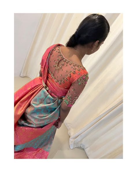 Arri Work Net Blouse, Green Net Blouse Aari Work Designs, Neted Blouse Back Neck Designs, Neted Blouse Aari Work, Pink Net Blouse Designs, Net Sleeve Aari Work Blouse, Maggam Work On Net Blouse, Net Aari Work Blouse Designs, Aari Work On Net Blouse