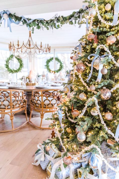 Lake House Dining Room Reveal: Modern Feminine Coastal Costal Grandma Christmas, Grand Millenial Christmas Tree, Serena And Lily Christmas Decor, Coastal Grandmother Christmas Decor, Christmas White Decor Ideas, Grandmillennial Christmas Tree, Coastal Grandma Christmas, Coastal Christmas Trees, Lake House Christmas Decor