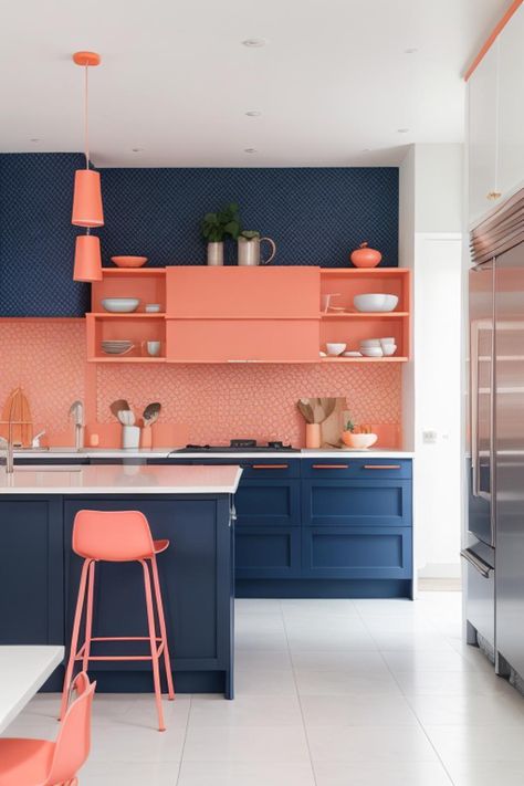 Navy Blue and Coral Kitchen Design Ideas Inspiration Shop Blue Orange Color Scheme, Coral Kitchen, Navy Blue And Coral, Navy Blue Kitchen, Navy Kitchen, Kitchen Blue, Orange Color Schemes, Teal Kitchen, Pink Furniture