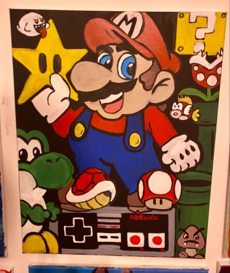 Acrylic painting on 16x20 canvase Mario Canvas Painting Easy, Mario Bros Painting Canvas, Yoshi Canvas Painting, Super Mario Acrylic Painting, Trippy Mario Painting, Painting Canvases, Cute Canvas Paintings, Cute Canvas, Galaxy Art