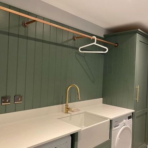 Tongue And Groove Panelling Utility Room, Green Gold Laundry Room, Green Tongue And Groove, Utility Hanging Rail, Tongue And Groove Utility Room, Tongue And Groove Cloakroom, Laundry Hanging Rail, Green Utility Room, Tongue And Groove Kitchen