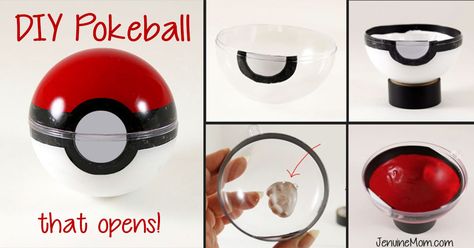 DIY Pokeball: Hide Your Treasures Inside -- Great Birthday Invitation or Gift Box! | JenuineMom.com Diy Pokeball That Opens, Origami Pokeball, Pokeball Diy, Diy Pokeball, Pokémon Crafts, Pokemon Party Decorations, Pokémon Birthday, Jennifer Maker, Celebration Box