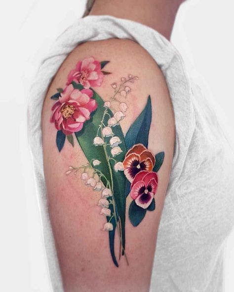 Tattoo artist Janice Bao Bao | Toronto, Canada Traditional Flower Tattoo, Flow Tattoo, Pansy Tattoo, Lily Of The Valley Tattoo, Water Lily Tattoos, Valley Tattoo, Tattoo Toronto, Left Arm Tattoos, Mastectomy Tattoo