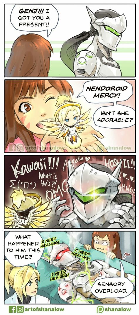 Genji loves Kawaii Mercy Genji Mercy, Overwatch Genji, Overwatch Funny, Overwatch Memes, Overwatch Comic, Mercy Overwatch, Overwatch Fan Art, Video Game Memes, Overwatch 2