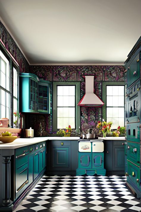 Eclectic Kitchen Design, Spanish Kitchen, Teal Decor, Eclectic Kitchen, Dream Kitchen, Kitchen Design, Kitchen Cabinets, Design