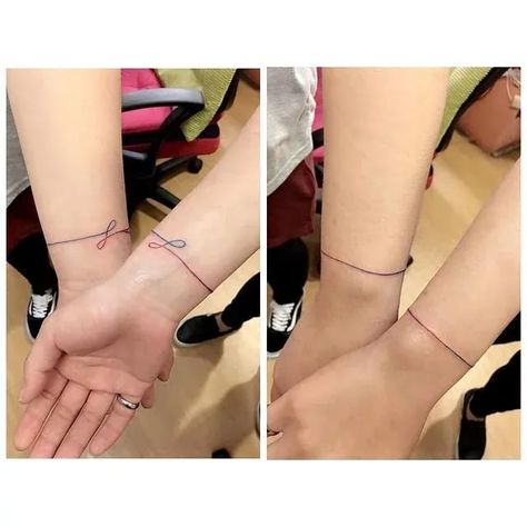 Matching Looped Bracelet Friendship Tattoos Red String Tattoo, Crossed Arrow Tattoos, Arrow Forearm Tattoo, Couple Tattoos Unique Meaningful, Matching Best Friend Tattoos, Tattoos Infinity, Couple Tattoos Unique, Couple Tattoo, Matching Couple Tattoos