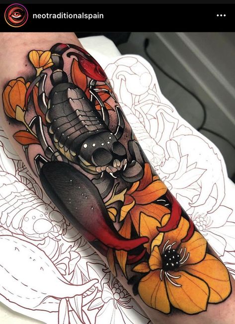 Neo Traditional Color Palette, Neo Trad Knee Tattoo, Neo Traditional Tattoo Ideas, Tiger Face Tattoo, Traditional Tattoo Stencils, Neo Traditional Tattoos, Neo Tattoo, Traditional Tattoo Designs, Scorpion Tattoo