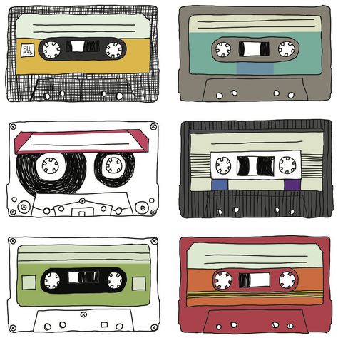 Hand drawn cassette tapes by Sara Raffaghello Cartoon Cassette Tapes, Cute Cassette Tape Drawing, Tape Drawing Cassette, Casette Tape Doodle, How To Draw Cassette Tapes, Cassette Tape Doodle, Caset Tape Drawing, Casette Drawings, Video Tape Drawing