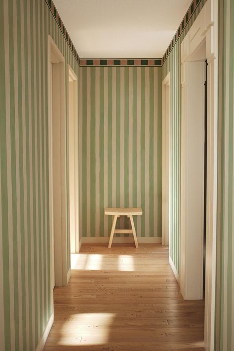 Fun Hallway Wallpaper, Striped Interior Design, Green Striped Bathroom, Striped Living Room Wall, Striped Wallpaper Entryway, Green Striped Wall, Contemporary Eclectic Interior Design, Stripped Walls Ideas, Paint Stripes On Wall